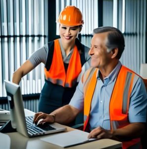 Profissional de Segurança do Trabalho orientando funcionário a ter uma postura correta.